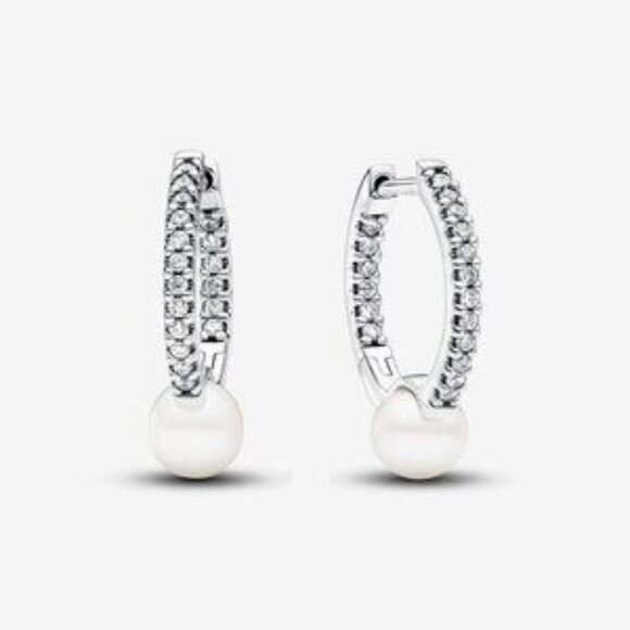 Treated Freshwater Cultured Pearl & Pav�� Hoop Earrings - Picture 1 of 2